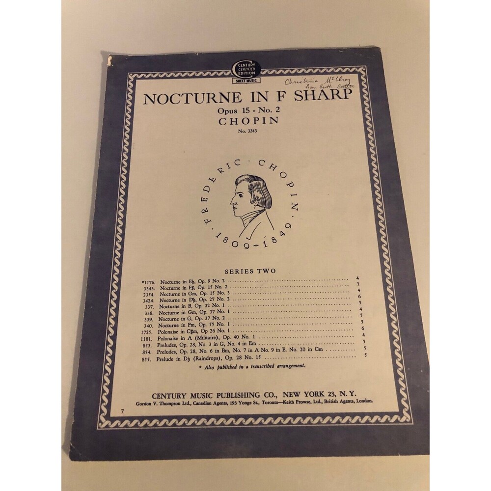 Nocturne In F Sharp Opus 15 No. 2 Chopin No. 3343 Sheet Music Vintage